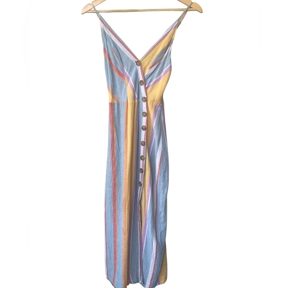 Urban Outfitters Linen Sundress XS Rainbow Colorful Button Front Beachy Vacay - Picture 5 of 12